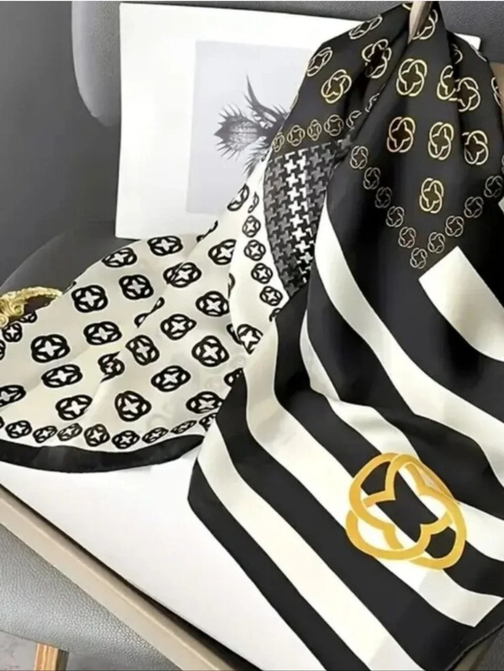 Black & Cream Striped Logo-Pattern Silk Scarf